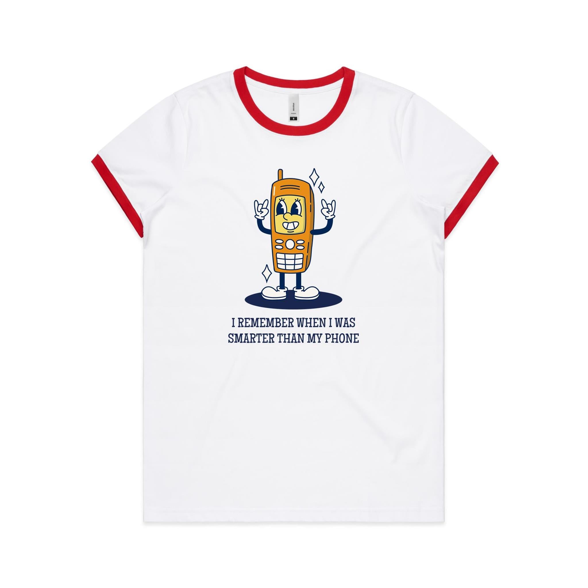 I Remember When I Was Smarter Than My Phone - Women's Ringer Tee White Red Womens Ringer T-shirt Printed In Australia Retro Tech