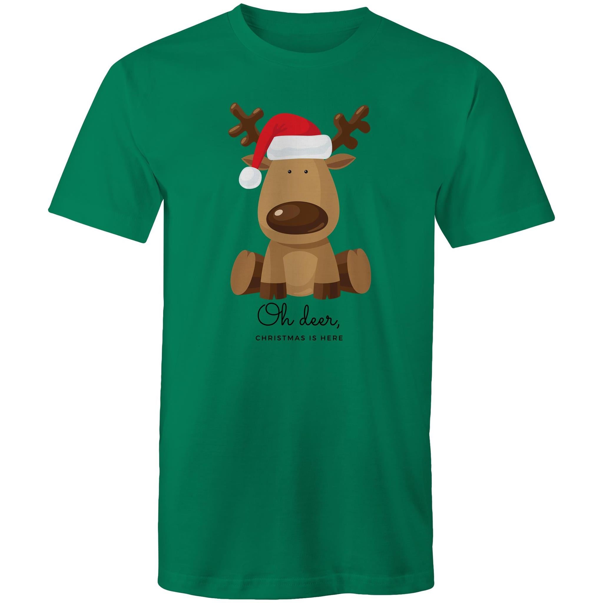 Oh Deer, Christmas Is Here, Reindeer - Mens T-Shirt Kelly Green Mens Christmas T-shirt Christmas Printed In Australia