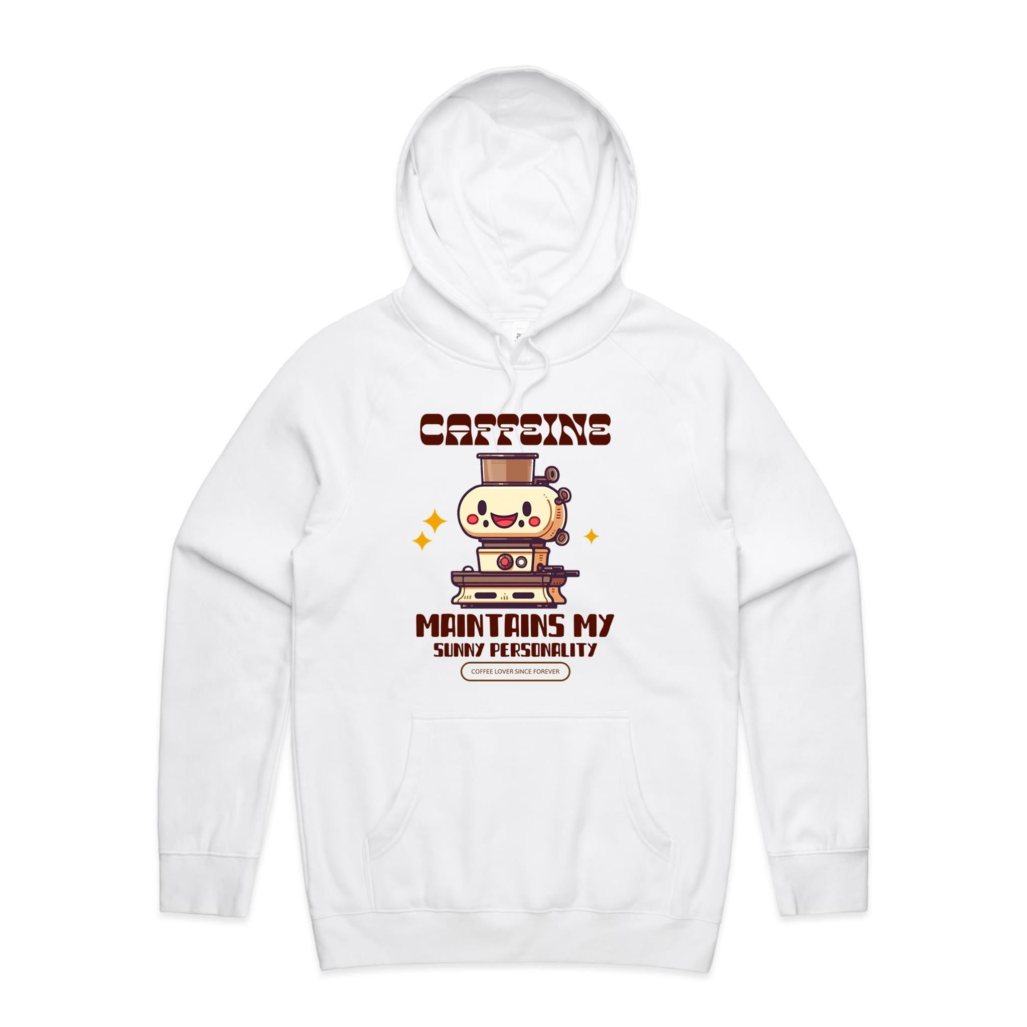 Caffeine Maintains My Sunny Personality - Mens Hoodie White Mens Hoodie Coffee Printed In Australia