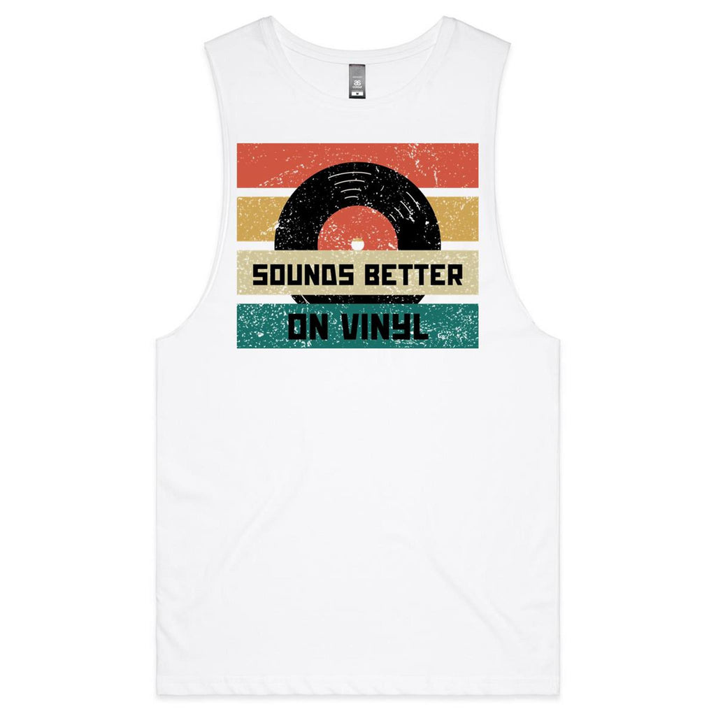 Sounds Better On Vinyl, Record Mens Men's AS Colour Drop Arm Tank Top White Drop Arm Tank Top Music Printed In Australia Retro