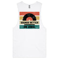 Sounds Better On Vinyl, Record Mens Men's AS Colour Drop Arm Tank Top White Drop Arm Tank Top Music Printed In Australia Retro