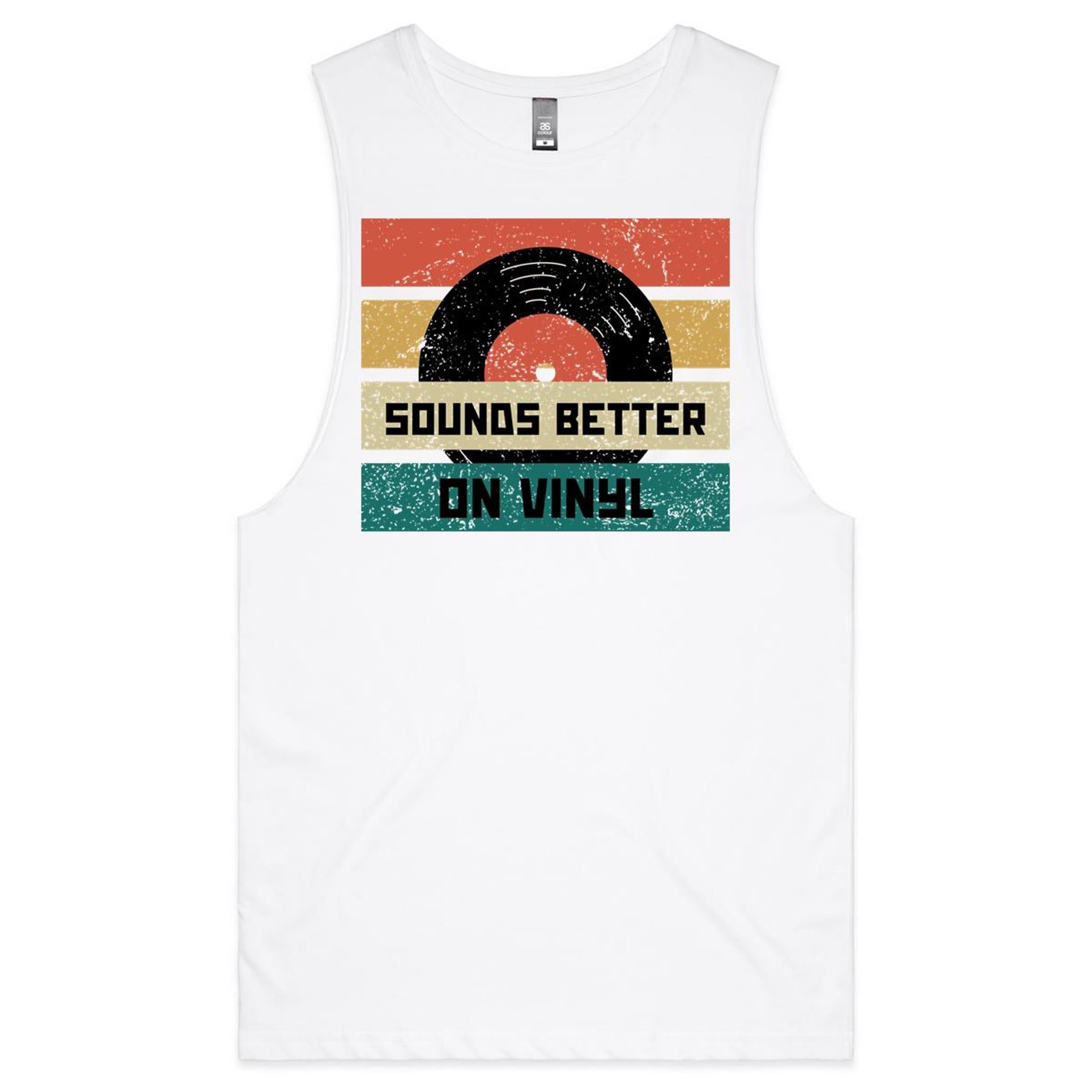 Sounds Better On Vinyl, Record Mens Men's AS Colour Drop Arm Tank Top White Drop Arm Tank Top Music Printed In Australia Retro