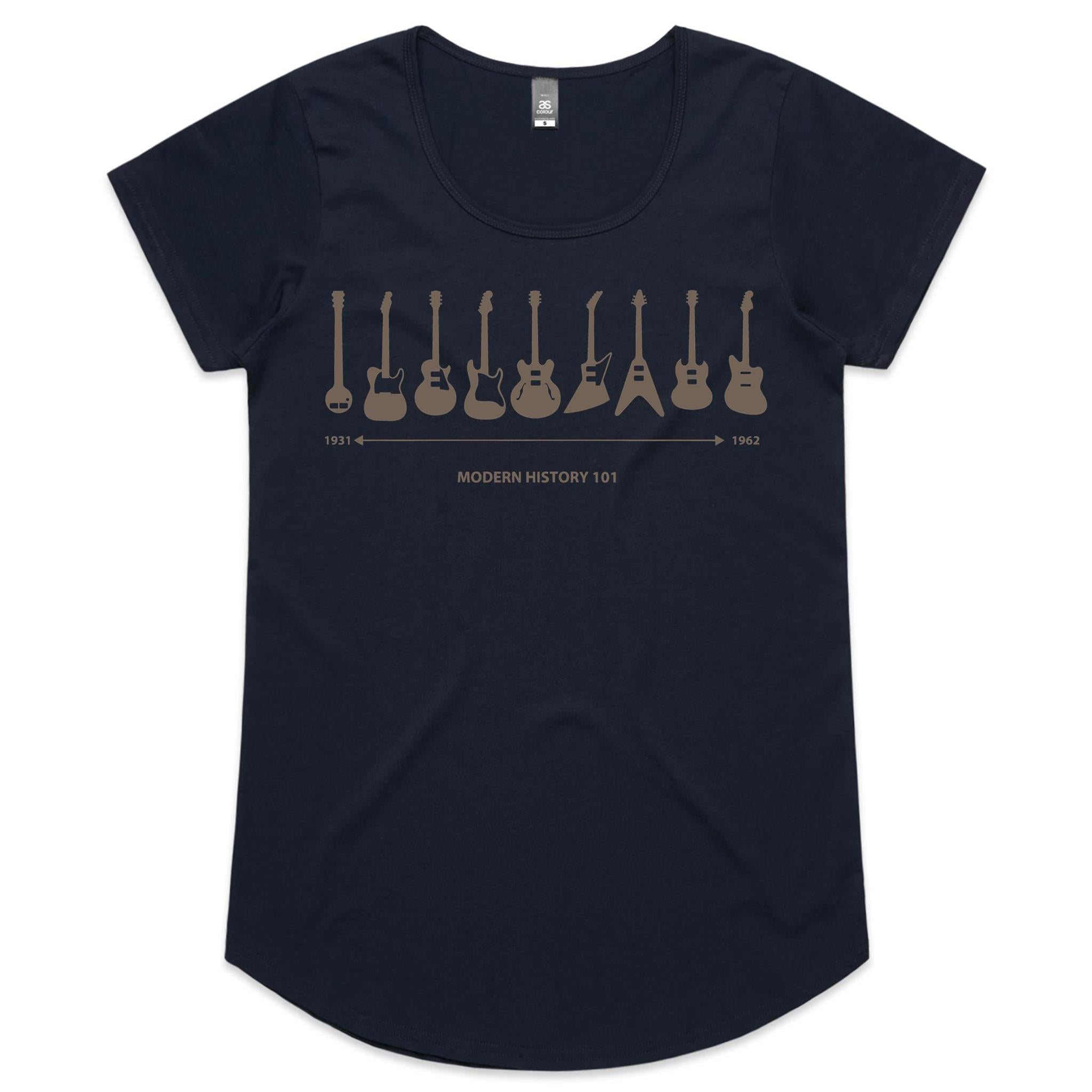 Guitar Timeline - Womens Scoop Neck T-Shirt Navy Womens Scoop Neck T-shirt Music Printed In Australia