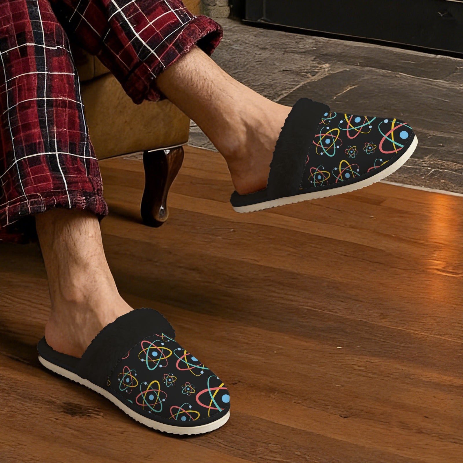 Atoms Men's Fur Trim Thick-Sole Indoor Slippers Men's Fur Trimmed Slippers Printed Offshore Science