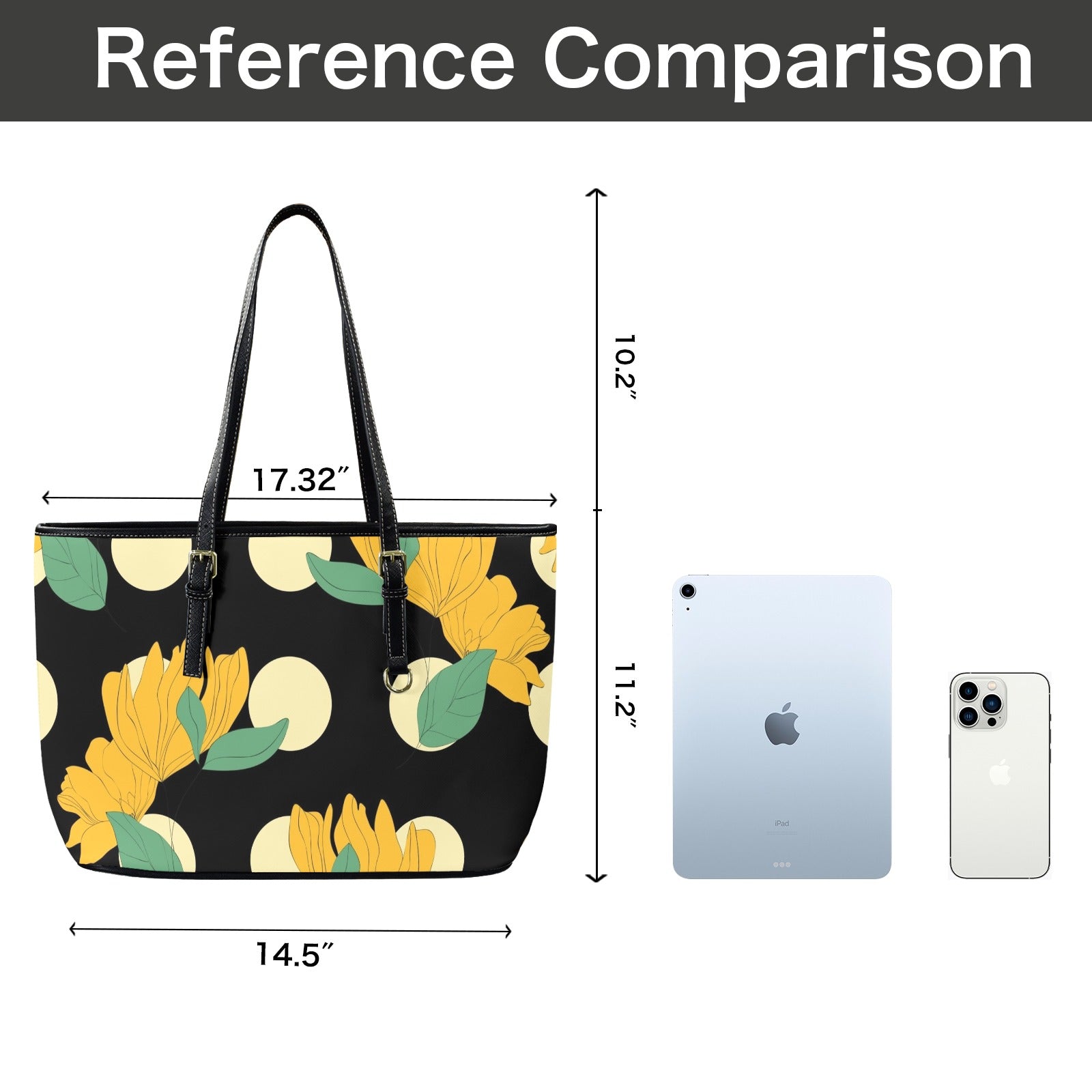 Yellow Flowers And Dots - Leather Tote Bag-Large