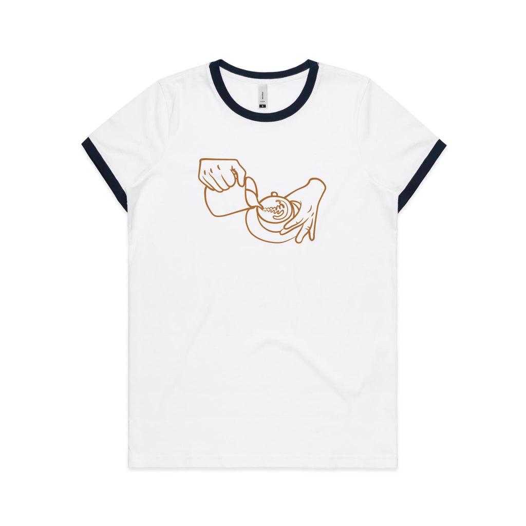 Barista - Women's Ringer Tee White Navy Womens Ringer T-shirt Coffee Printed In Australia
