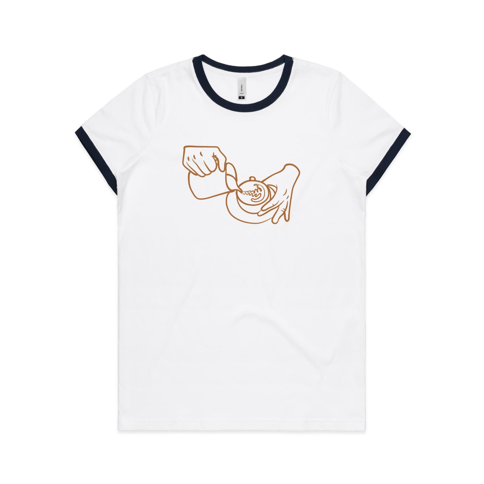 Barista - Women's Ringer Tee White Navy Womens Ringer T-shirt Coffee Printed In Australia