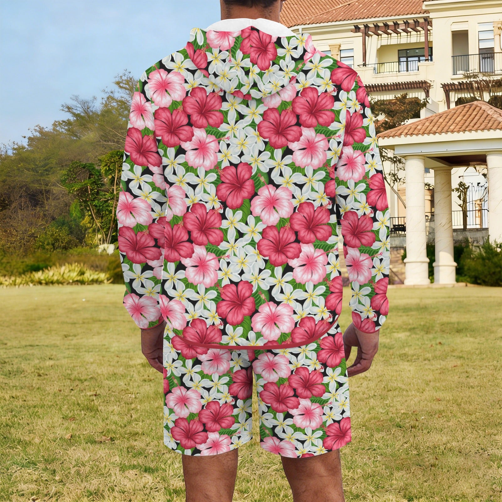 Hibiscus Men's Lightweight Sun Hoodie & Shorts Set Men's Lightweight Sun Hoodie & Shorts Plants Printed Offshore