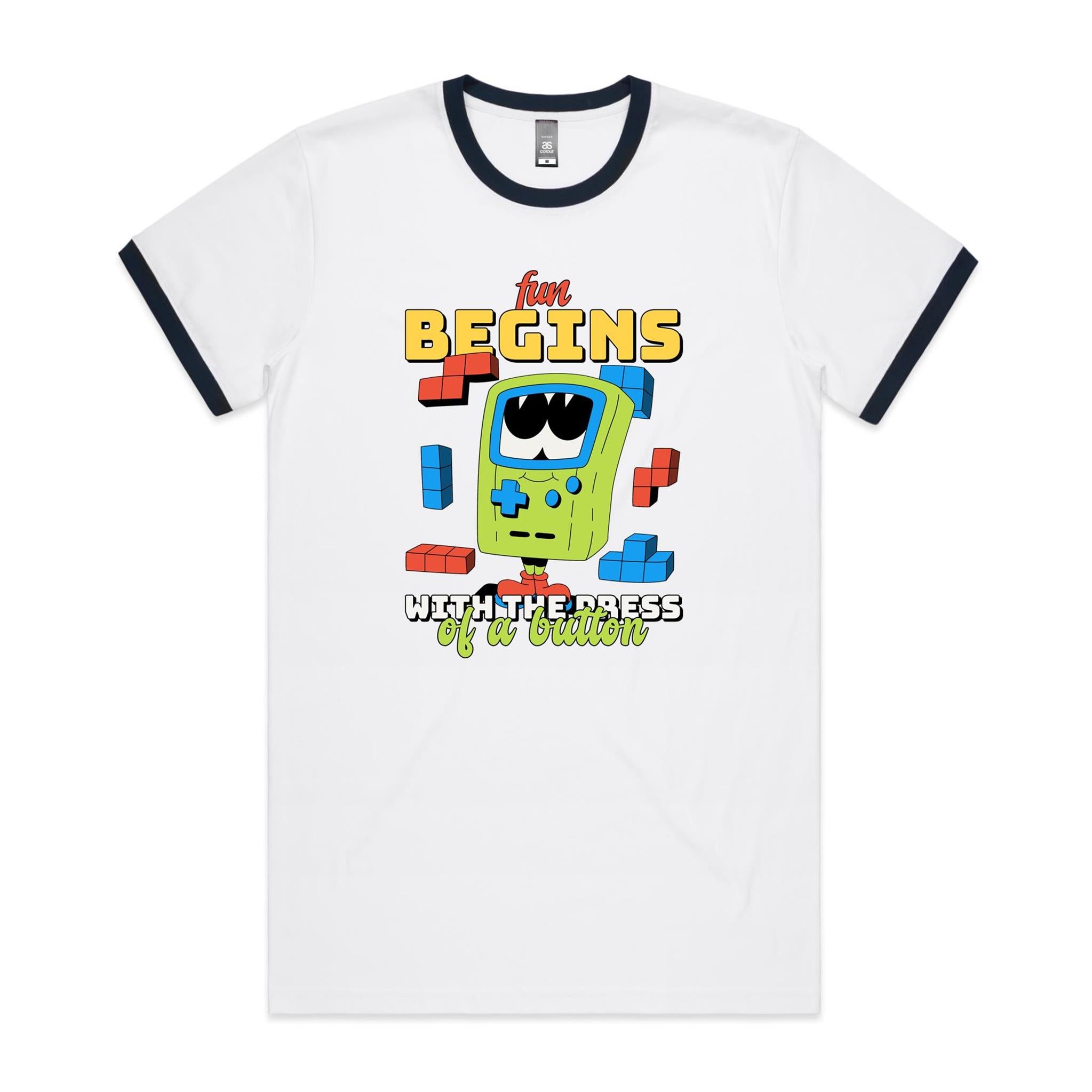Fun Begins With The Press Of A Button, Game Console - Staple Ringer Tee White Navy Ringer T-Shirt Games Printed In Australia