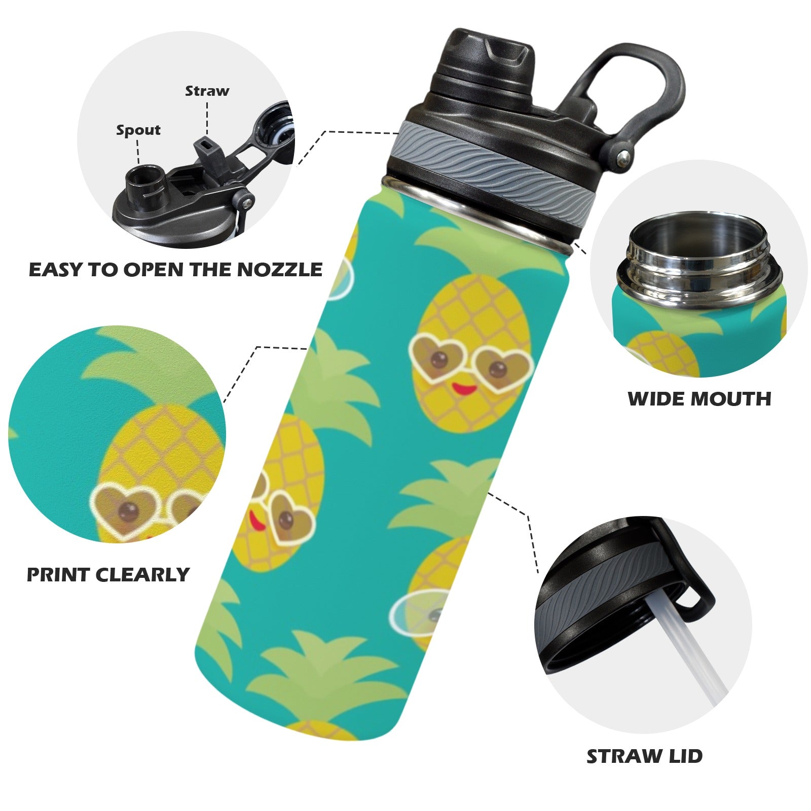 Pineapples With Glasses - Insulated Water Bottle with Dual-Use Lid (18oz) Insulated Water Bottle with Dual-Use Lid (18oz) Food Printed Offshore