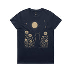 Whimsical Cat And Moon Women's AS Colour T-shirt Midnight Blue Womens T-shirt animal Printed In Australia