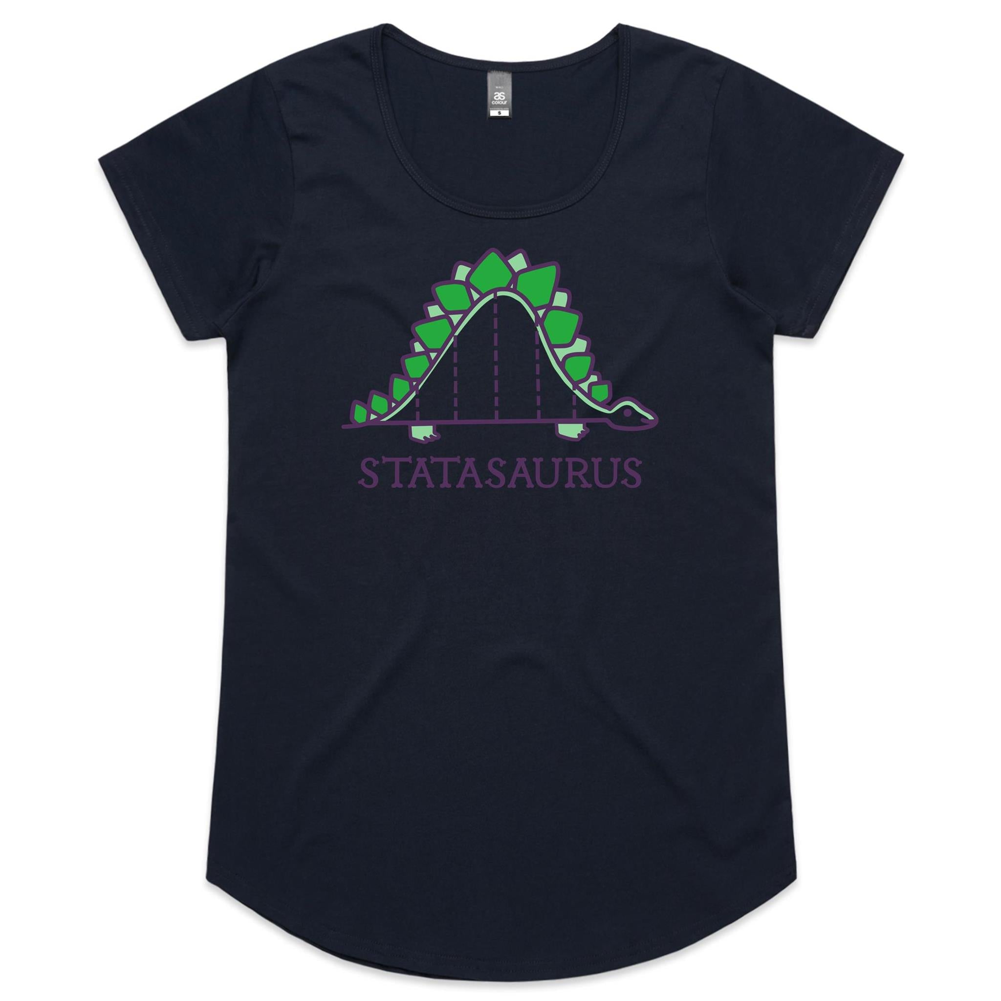 Statasaurus, Maths Dinosaur - Womens Scoop Neck T-Shirt Navy Womens Scoop Neck T-shirt Maths Printed In Australia
