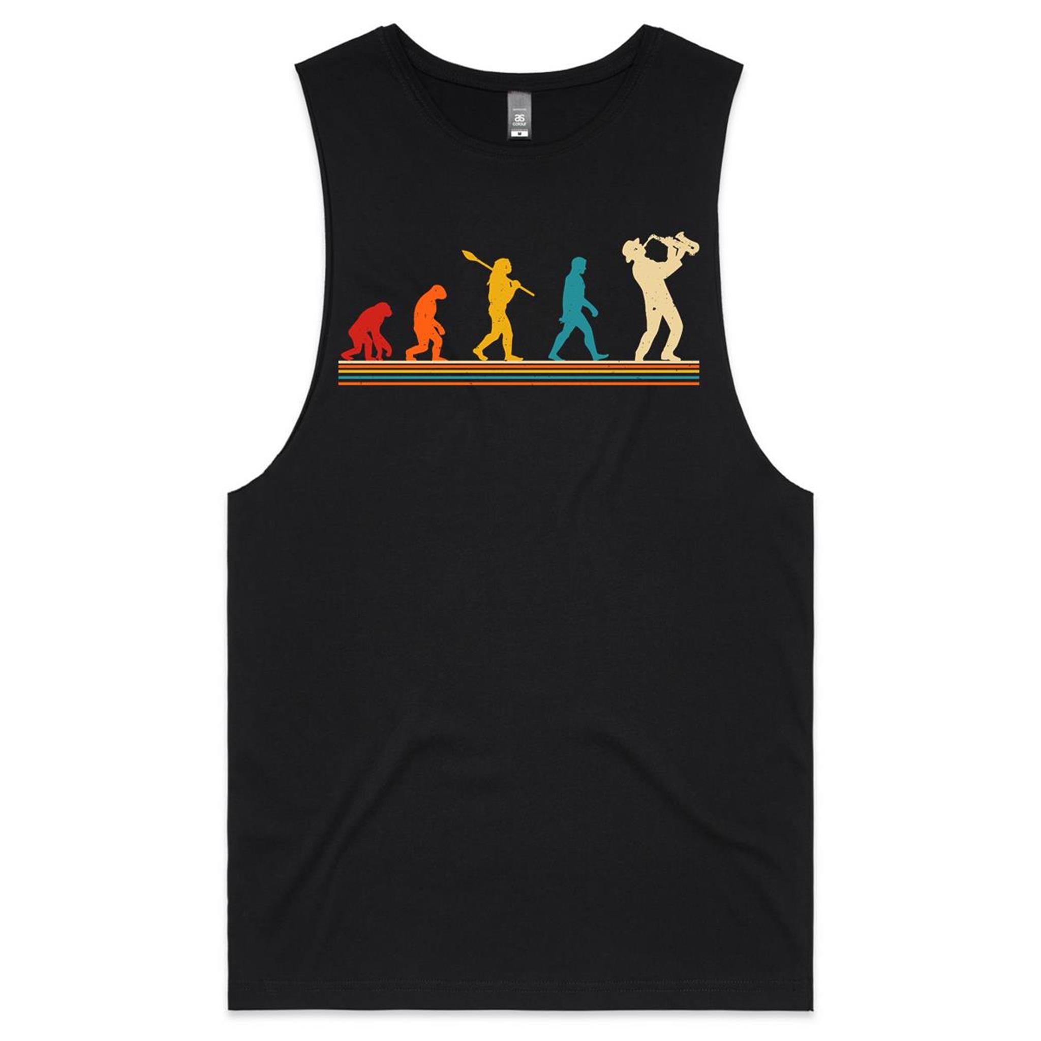Evolution Of A Saxophone Player - Mens Tank Top Tee Black Drop Arm Tank Top Music Printed In Australia