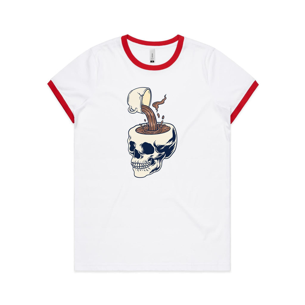 Coffee Skull - Women's Ringer Tee White Red Womens Ringer T-shirt Coffee Printed In Australia