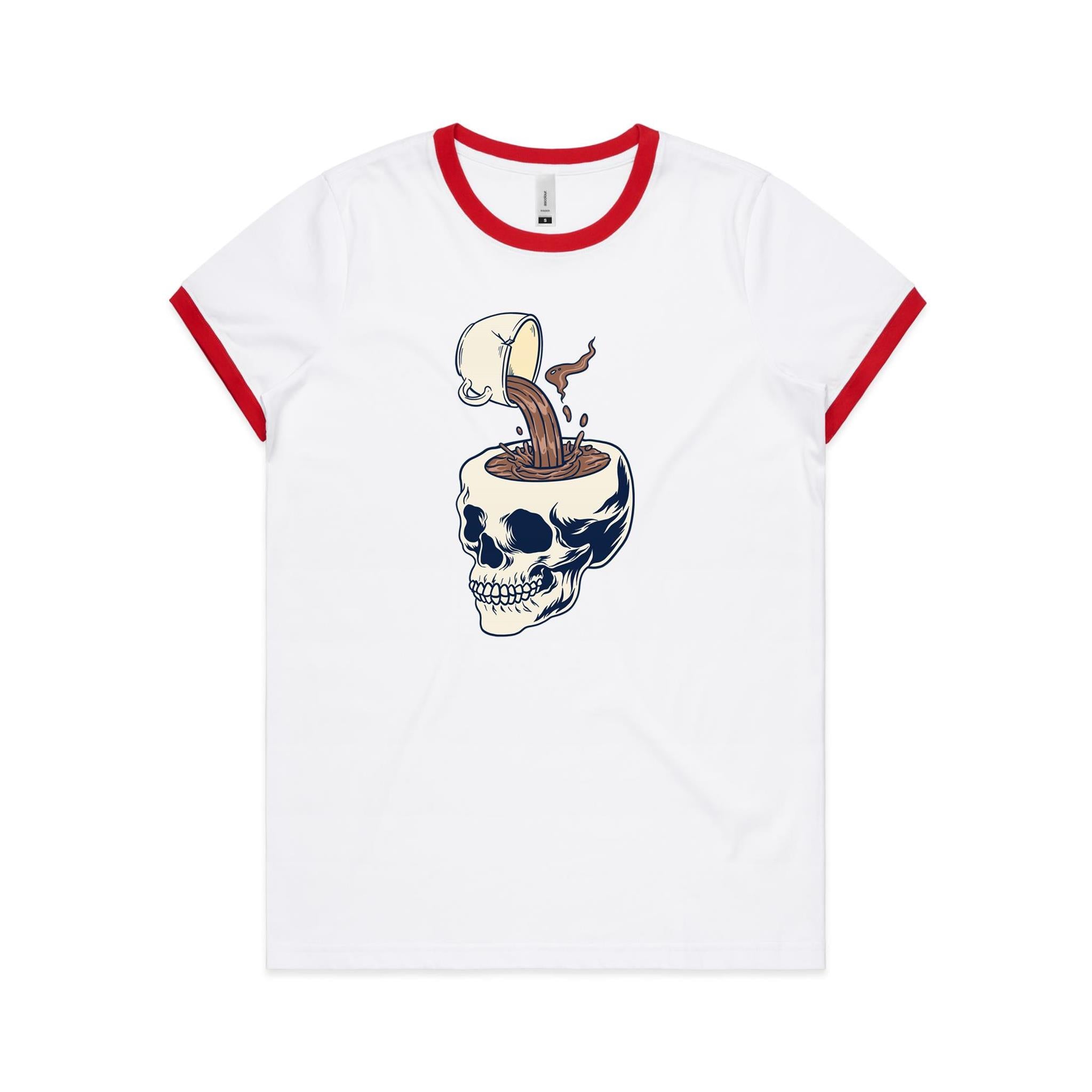 Coffee Skull - Women's Ringer Tee White Red Womens Ringer T-shirt Coffee Printed In Australia