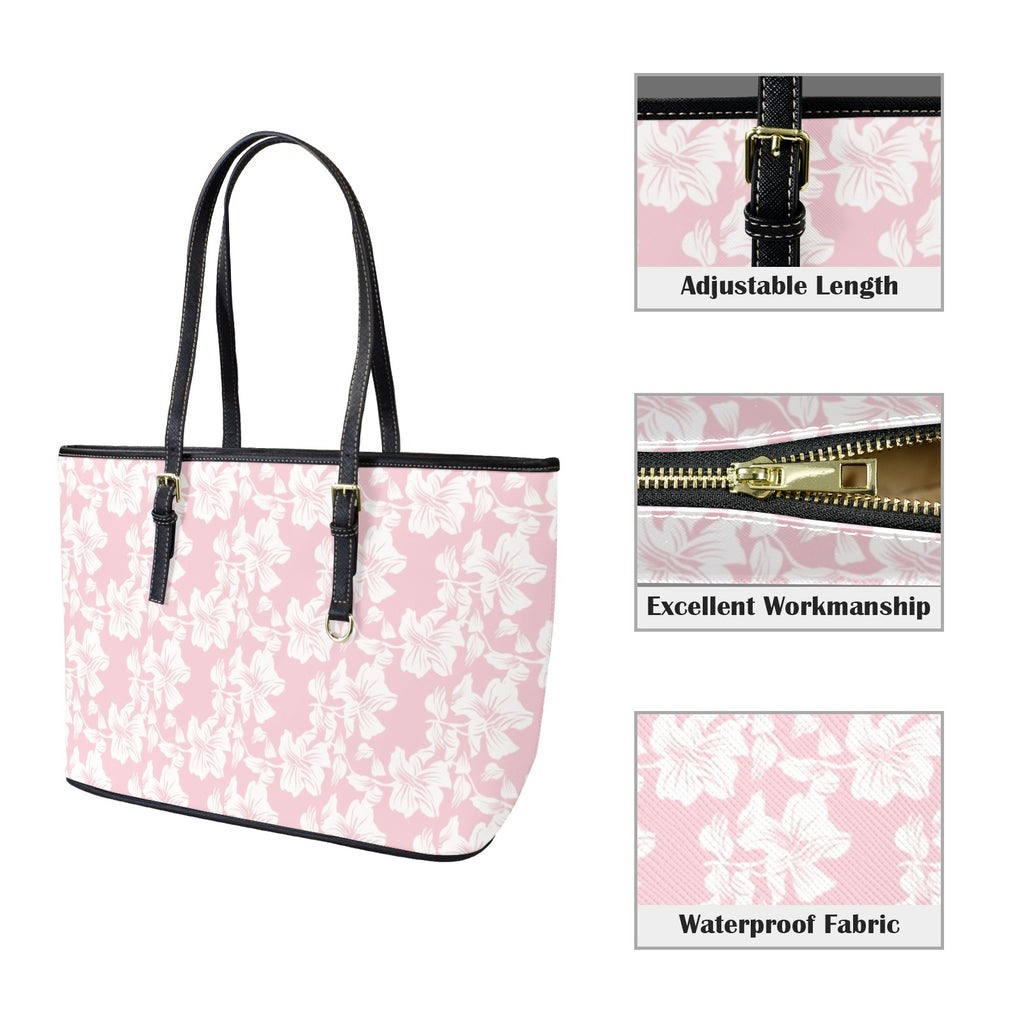 Pink Hawaiian Floral PU Leather Tote Bag Large Leather Tote Bag-Large Plants Printed Offshore