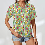 Tropical Flowers On White Women's Short-Sleeve Button Up Shirt Women's Short-Sleeve Button Up Shirt Plants Printed Offshore