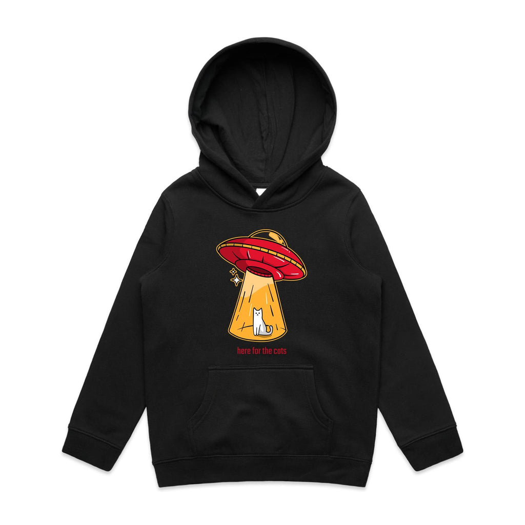 UFO, Here For The Cats - Kids Hoodie Black Kids Hoodie Printed In Australia