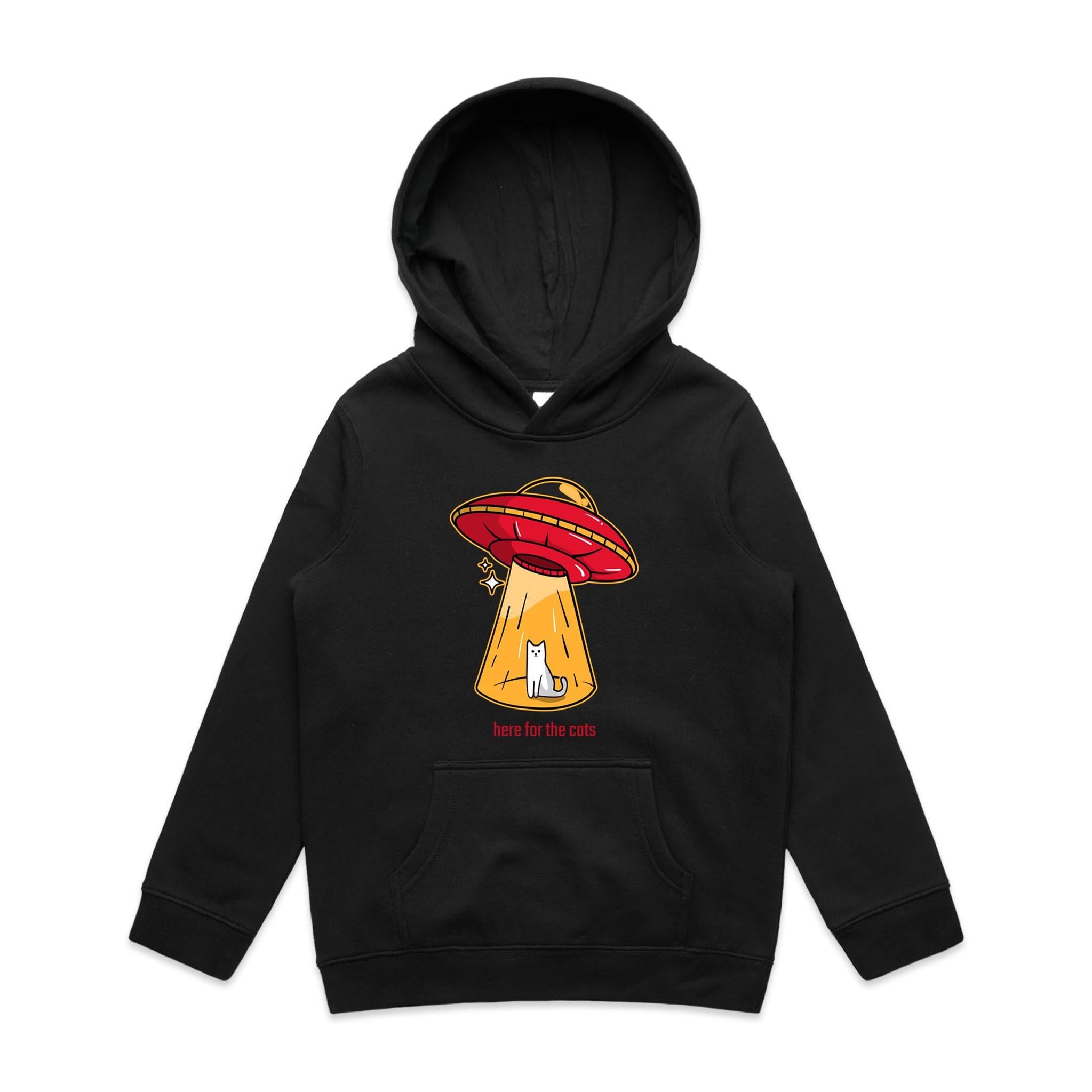 UFO, Here For The Cats - Kids Hoodie Black Kids Hoodie Printed In Australia