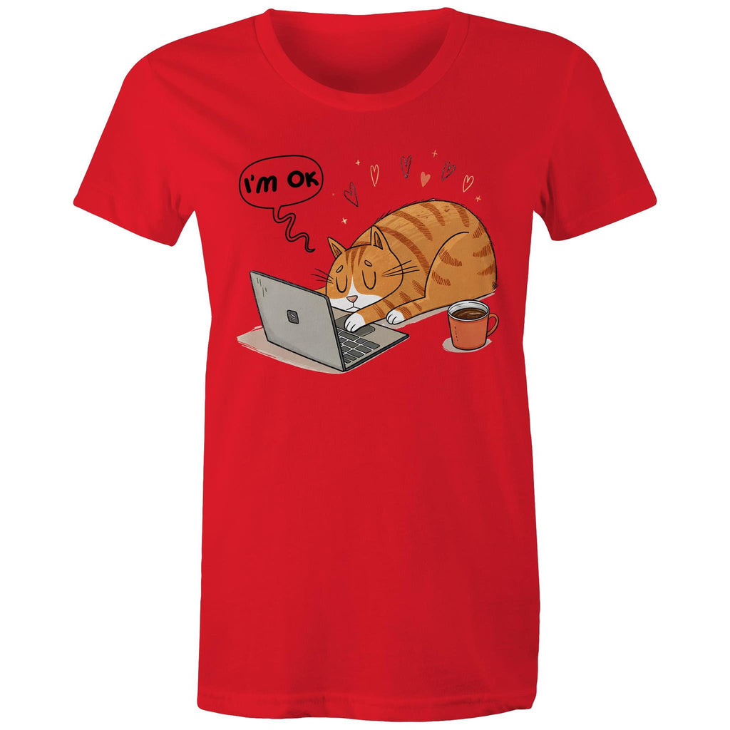 Cat Laptop, I'm OK - Womens T-shirt Red Womens T-shirt animal Printed In Australia