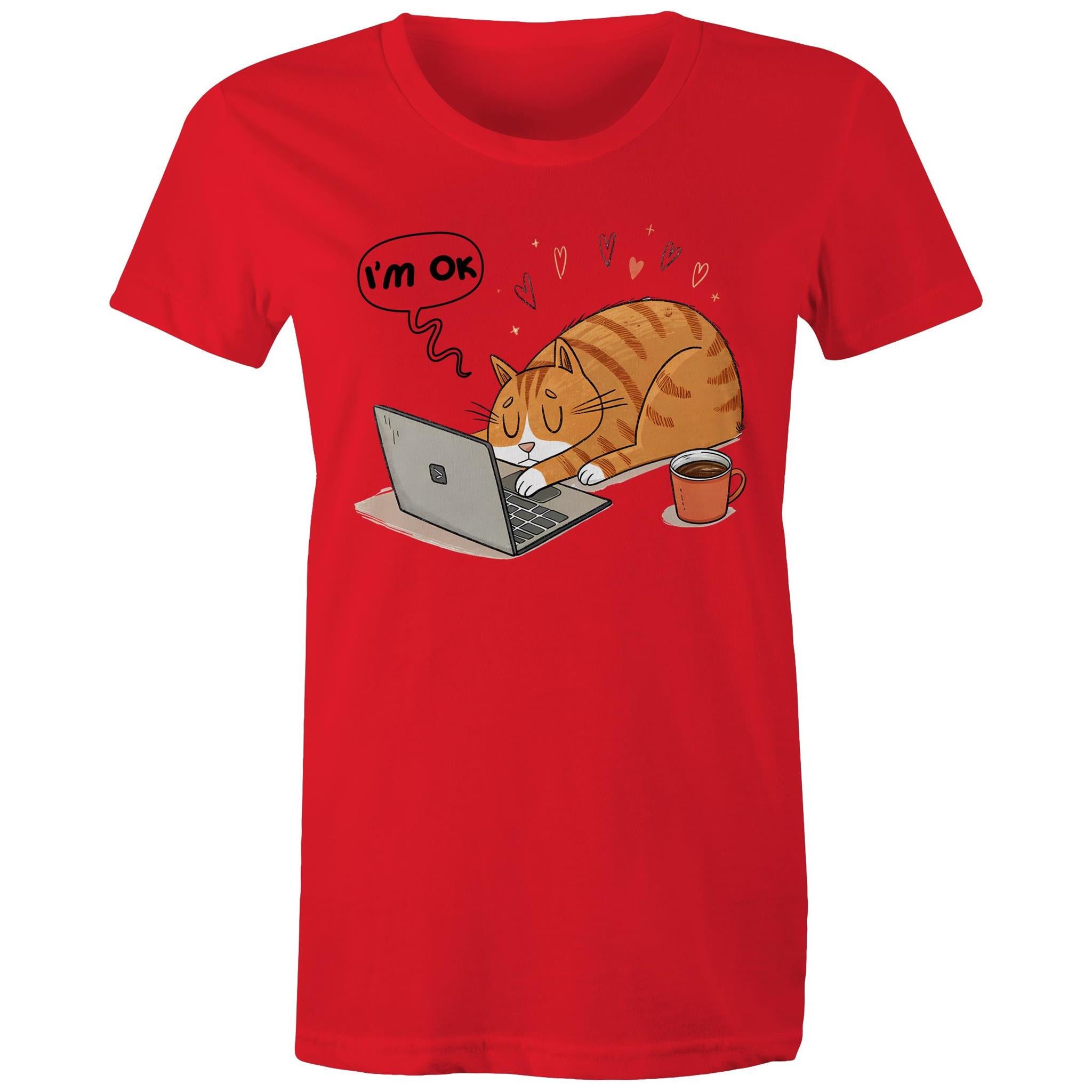 Cat Laptop, I'm OK - Womens T-shirt Red Womens T-shirt animal Printed In Australia