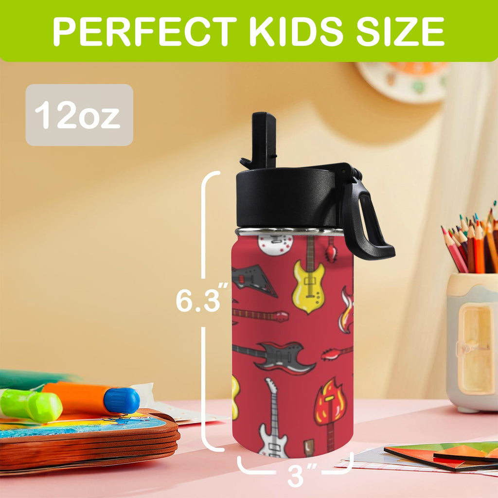 Guitars On Red 12oz Kids Water Bottle with Straw Lid