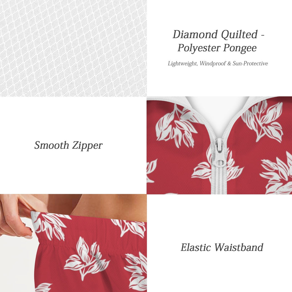 Red Retro Foliage Women's Windbreaker Short Set Women's Windbreaker Short Set Plants Printed Offshore