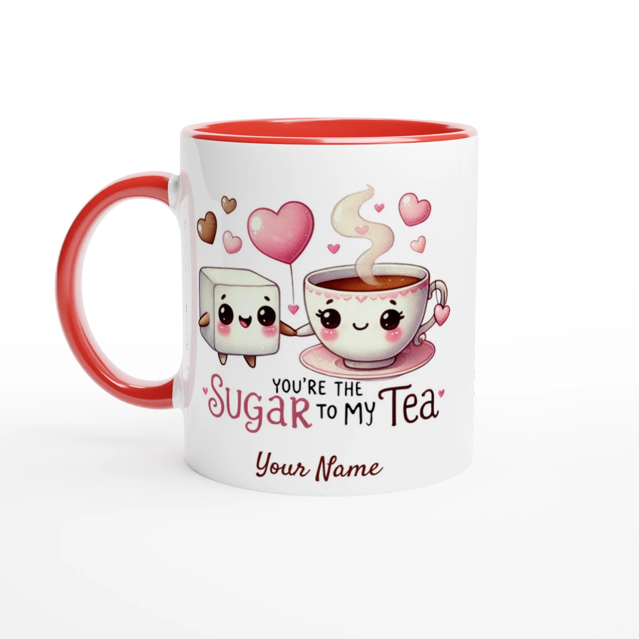 Personalised - You're The Sugar To My Tea, Valentine - White 11oz Ceramic Mug with Colour Inside Ceramic Red Personalised 11oz Mug