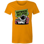 Astronaut, Anywhere But Here - Womens T-shirt Orange Womens T-shirt Printed In Australia Space