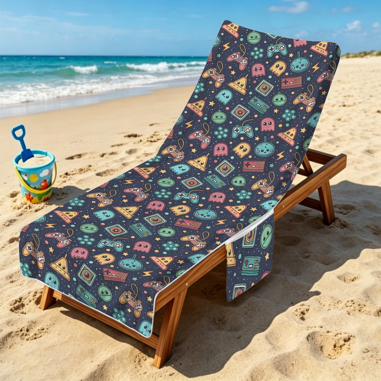 Video Game Beach Chair Towel Cover with Side Pockets