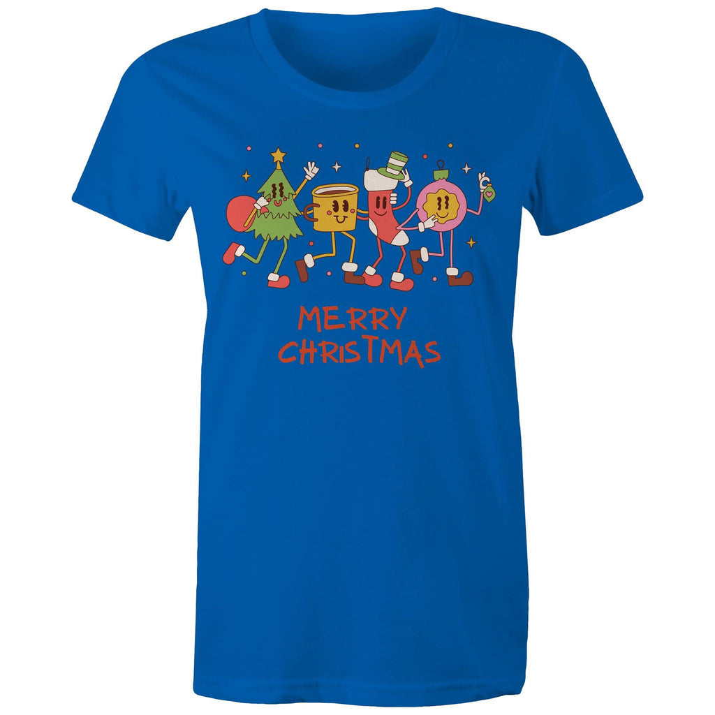 Crazy Christmas Characters - Womens T-shirt Bright Royal Womens Christmas T-shirt Christmas Printed In Australia