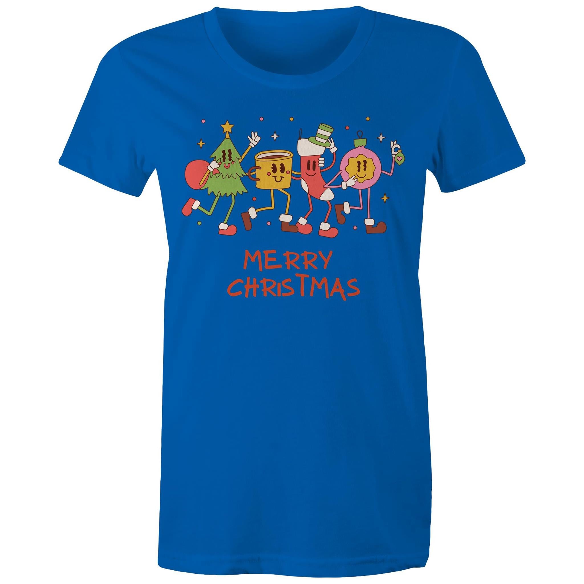Crazy Christmas Characters - Womens T-shirt Bright Royal Womens Christmas T-shirt Christmas Printed In Australia