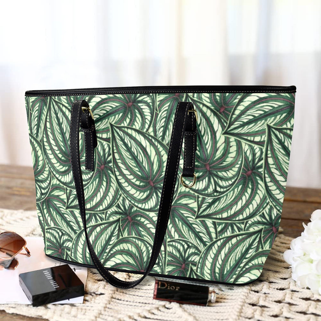 Stripy Leaves PU Leather Tote Bag Large