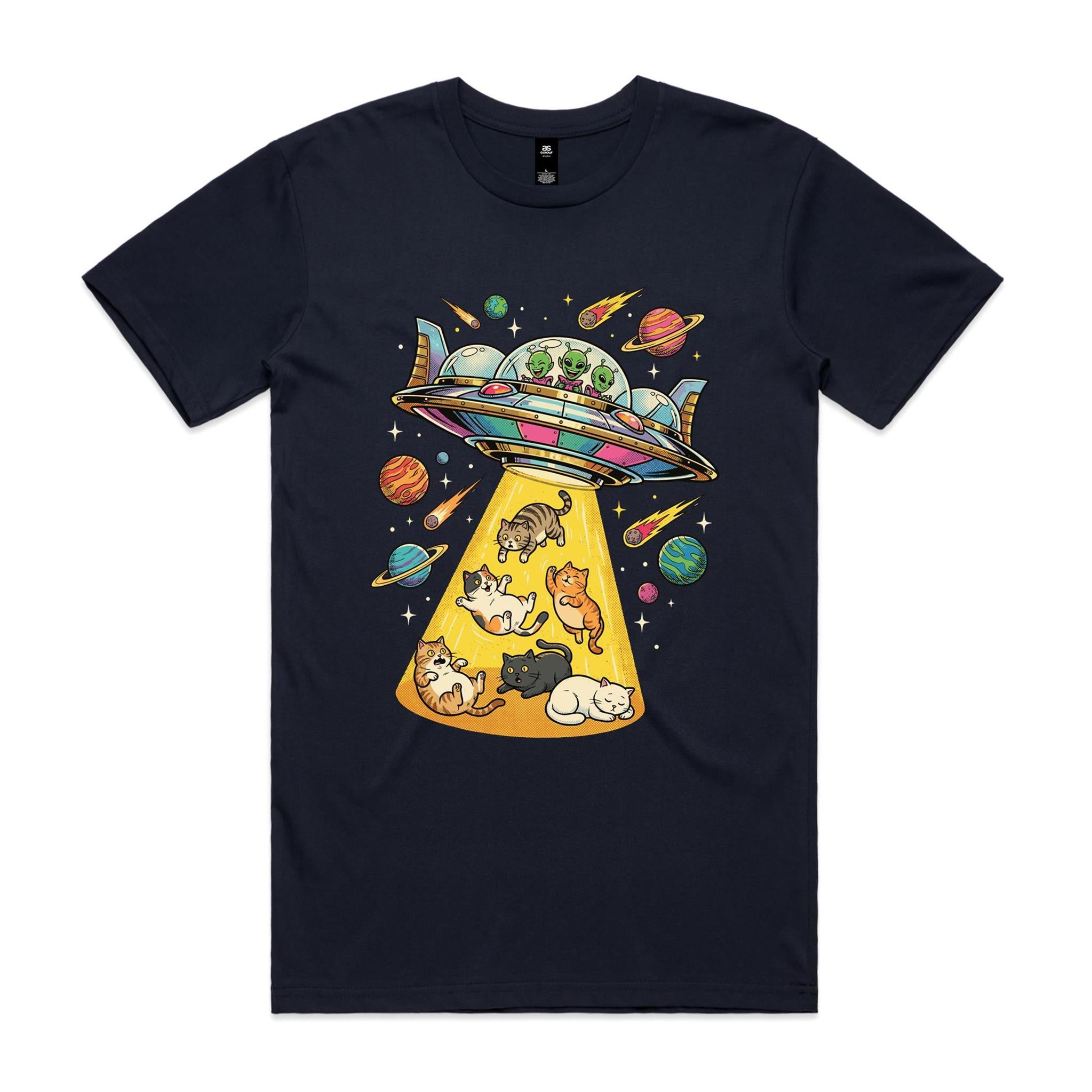 UFO Cat Abduction - Men's AS Colour T-shirt Navy Mens T-shirt animal Printed In Australia Sci Fi