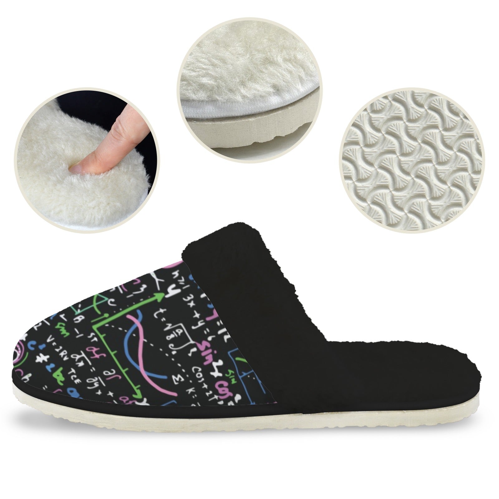 Equations In Green And Pink Women's Fur Trim Thick-Sole Indoor Slippers Women's Fur Trimmed Slippers Maths Printed Offshore