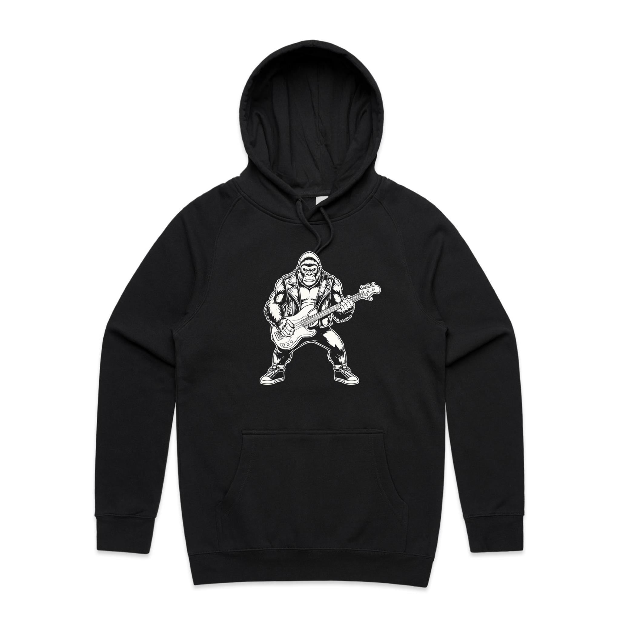 Gorilla Bass Player Men's AS Colour Hoodie Black Mens Hoodie animal Music Printed In Australia