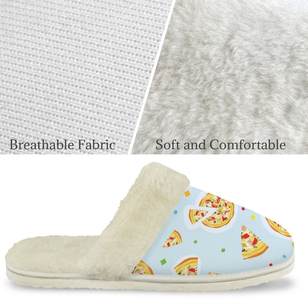 Pizzas On Blue Men's Fur Trim Thick-Sole Indoor Slippers Men's Fur Trimmed Slippers Food Printed Offshore