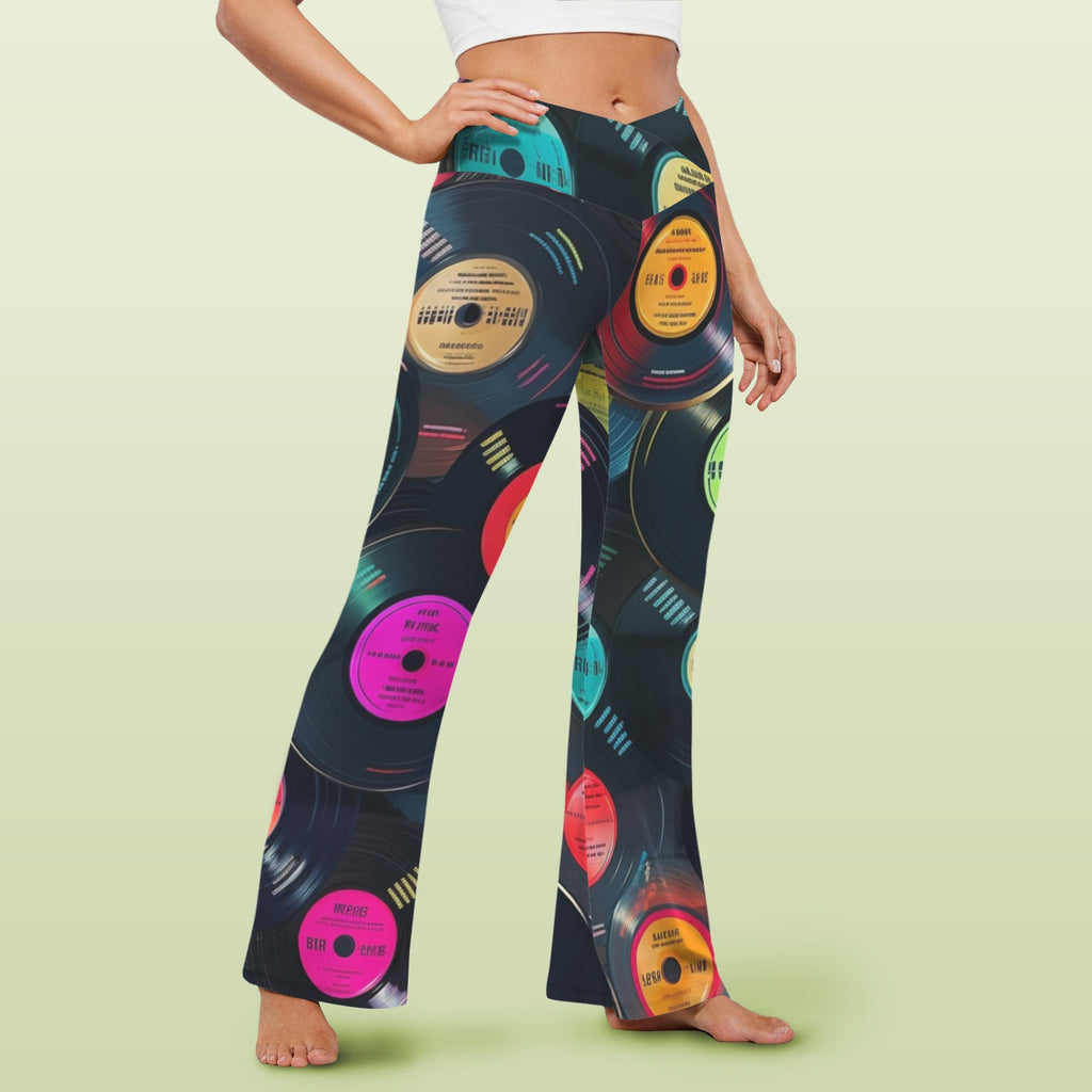 Retro Vinyl Records High Waist Crossover Tummy Control Flare Leggings High Waist Flare Leggings Music Printed Offshore