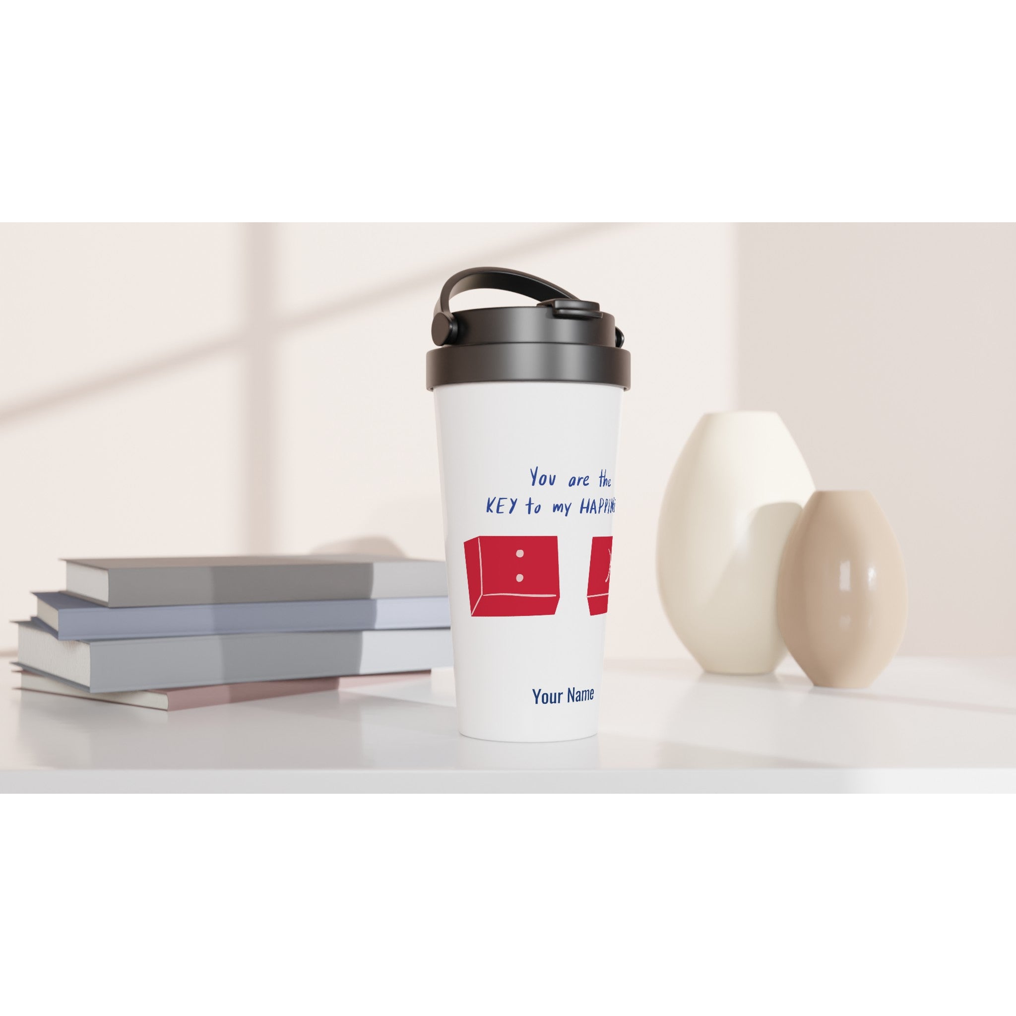 Personalised - You Are The Key To My Happiness - White 15oz Stainless Steel Travel Mug Personalised Travel Mug customise Globally Fulfilled love personalise
