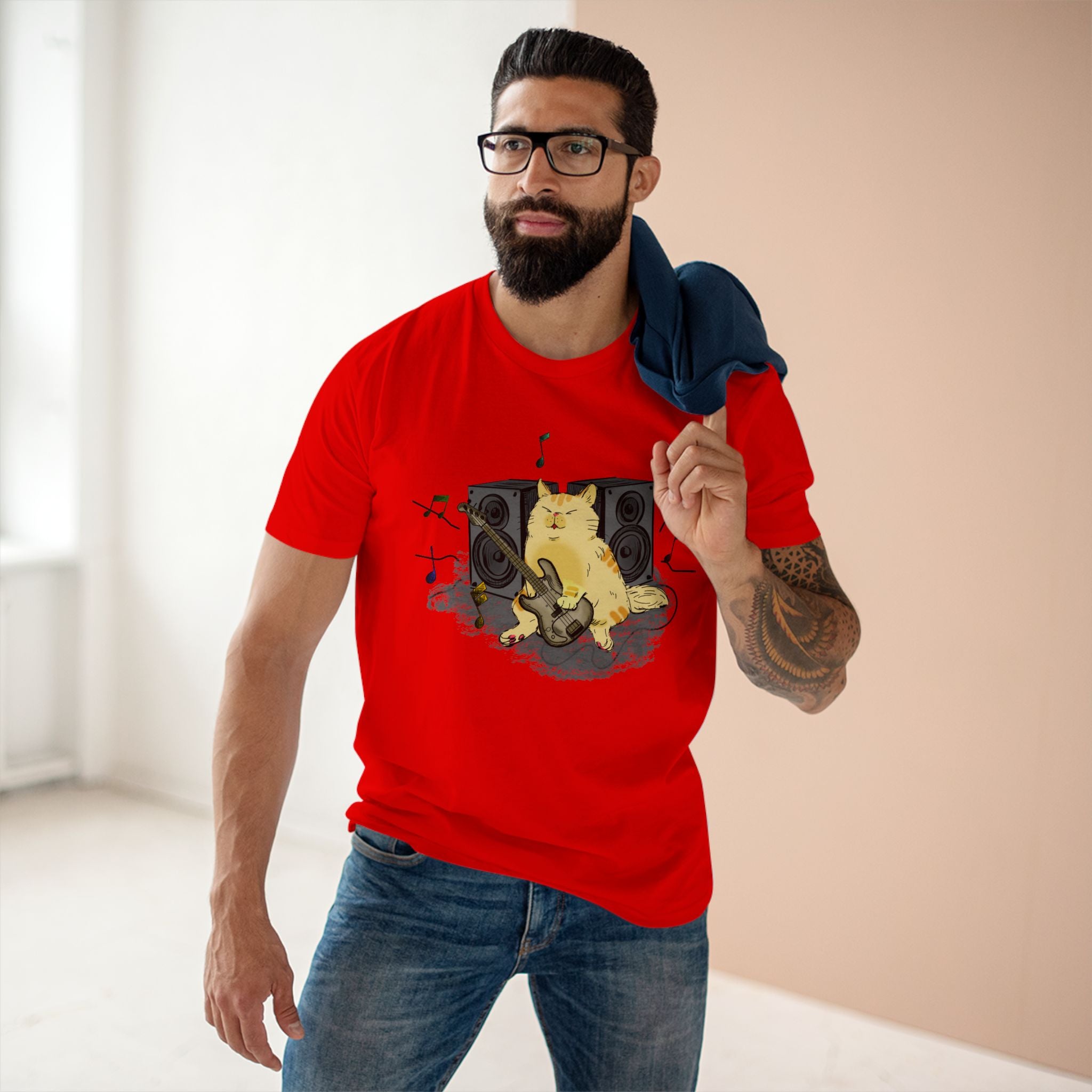 Cat Bass Player - Men's Staple Tee Red Mens Premium T-Shirt Animal Music Printed in AU and US