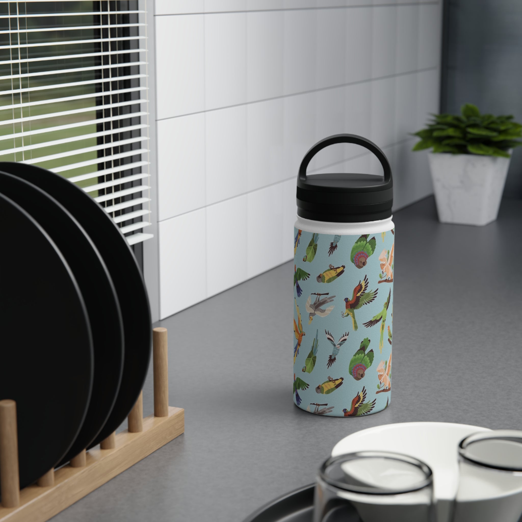 Parrots, Beautiful Colourful Birds Stainless Steel Water Bottle, Handle Lid Stainless Steel Water Bottle With Handle Lid Birds Globally Fulfilled