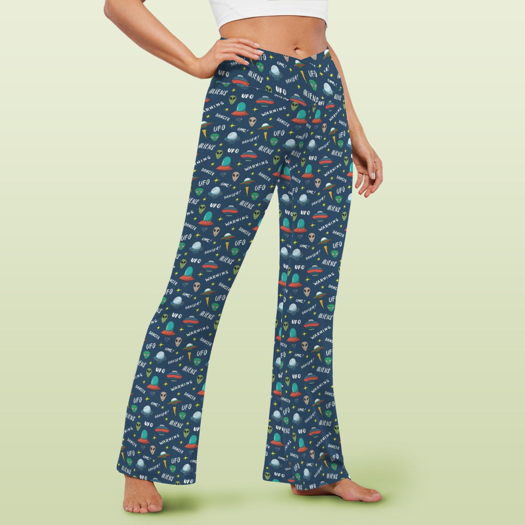 UFO's And Aliens High Waist Crossover Tummy Control Flare Leggings High Waist Flare Leggings Printed Offshore Sci Fi