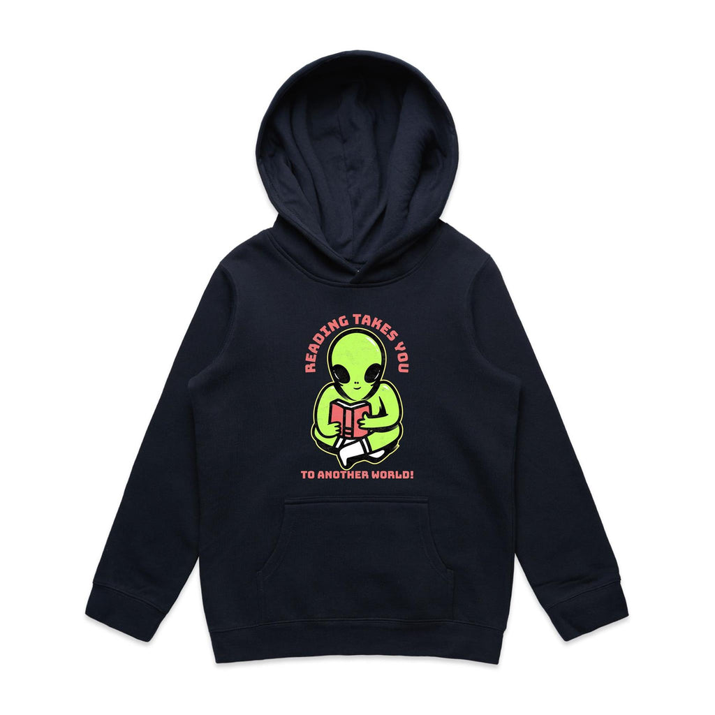 Reading Takes You To Another World, Alien Kid's AS Colour Hoodie Navy Kids Hoodie Printed In Australia