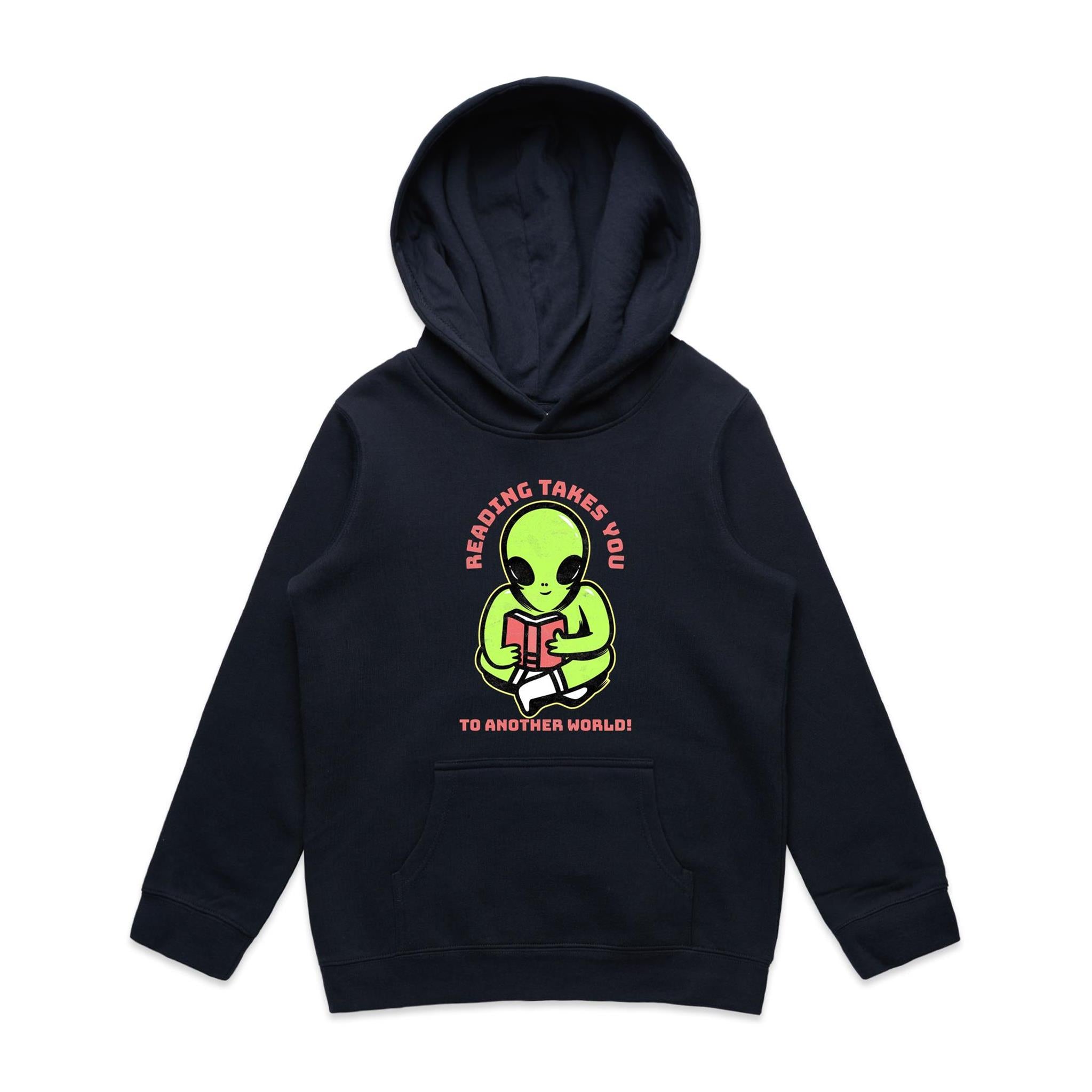 Reading Takes You To Another World, Alien - Kids Hoodie Navy Kids Hoodie Printed In Australia