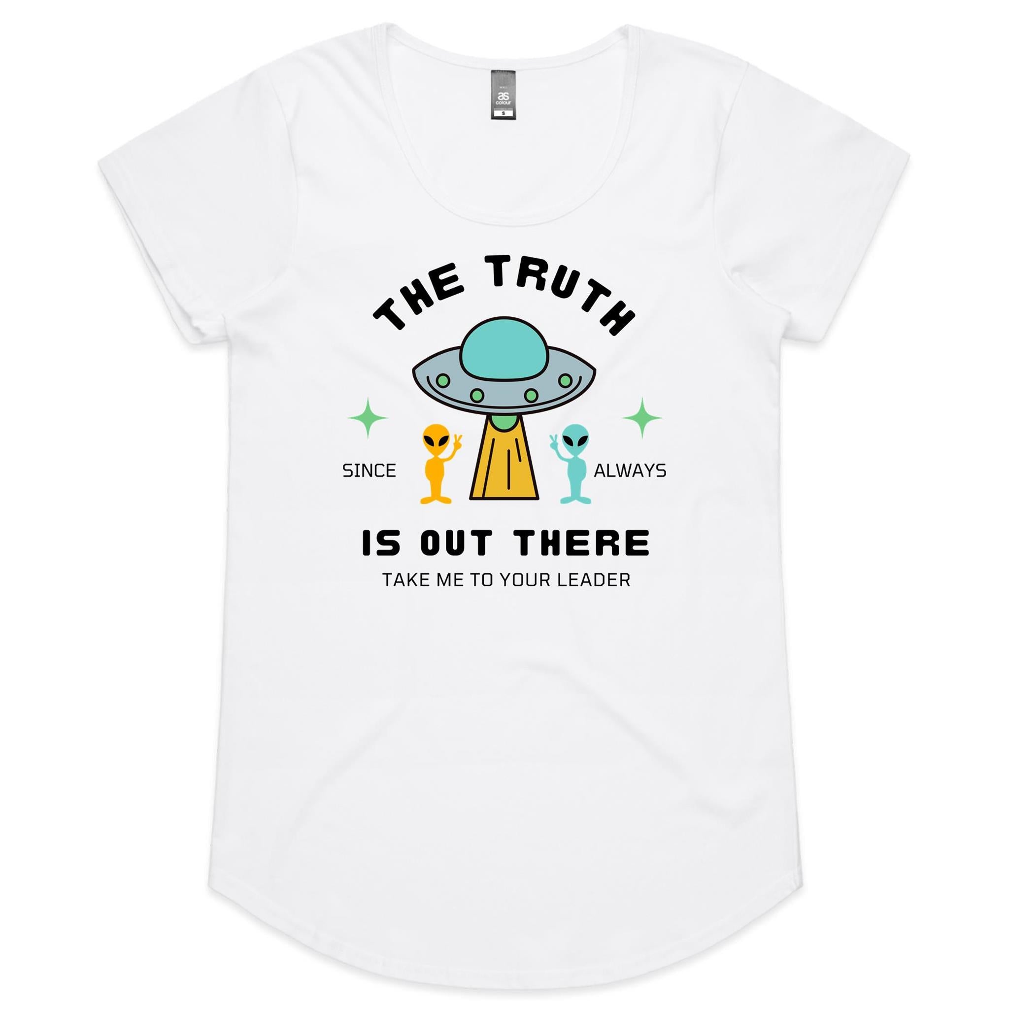 The Truth Is Out There, UFO - Womens Scoop Neck T-Shirt White Womens Scoop Neck T-shirt Printed In Australia Sci Fi