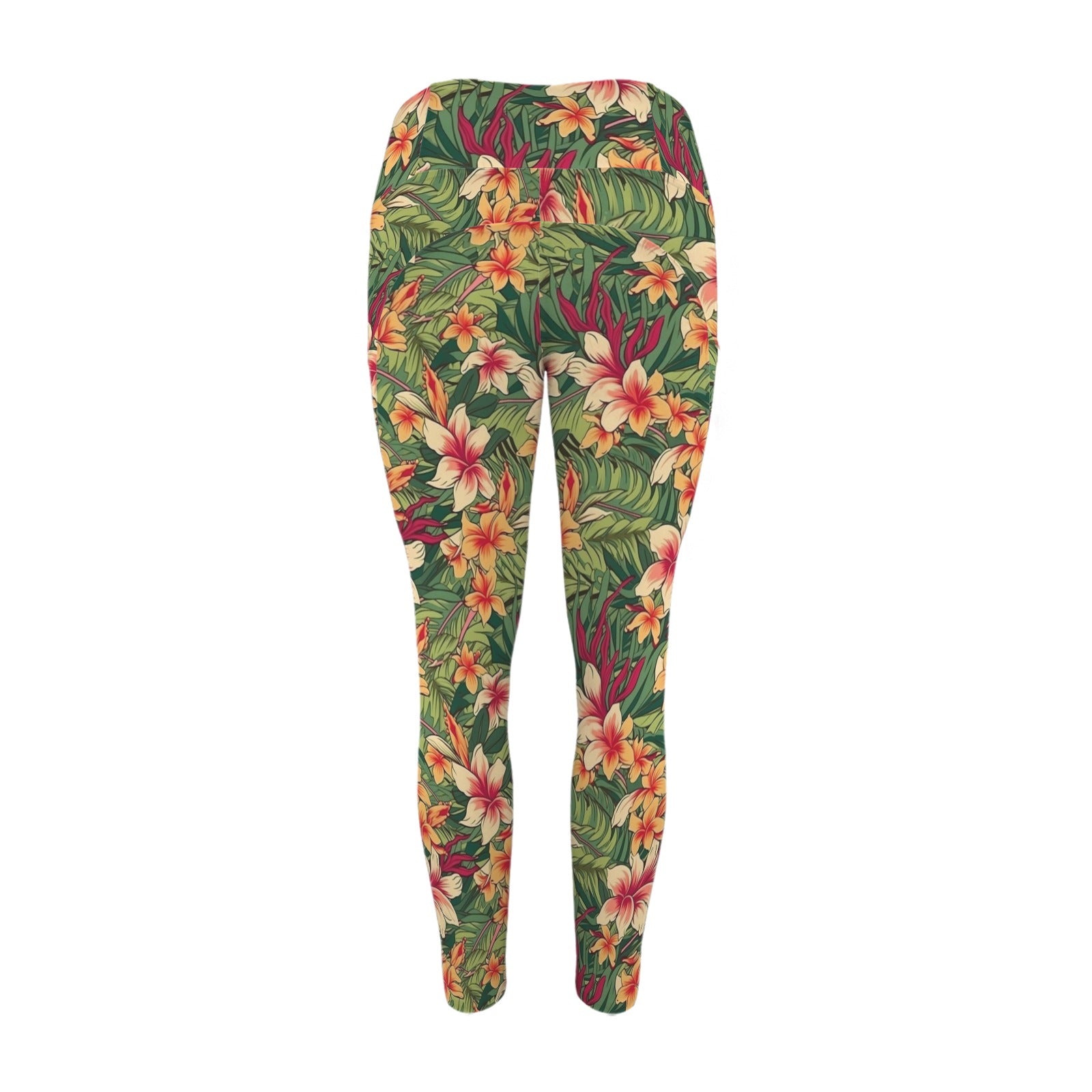 Vintage Hawaiian Flowers - Women's High Waist Pockets Yoga Leggings