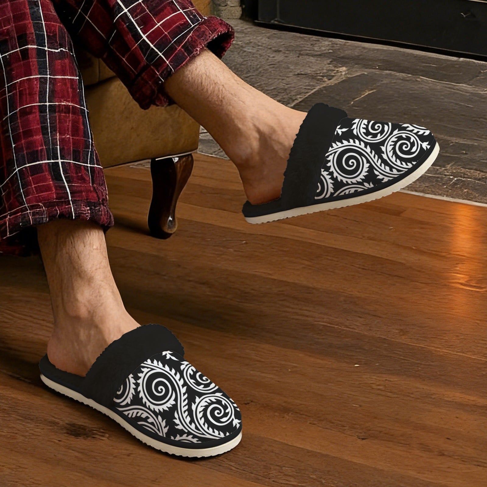 Black And White Swirl Men's Fur Trim Thick-Sole Indoor Slippers Men's Fur Trimmed Slippers Printed Offshore