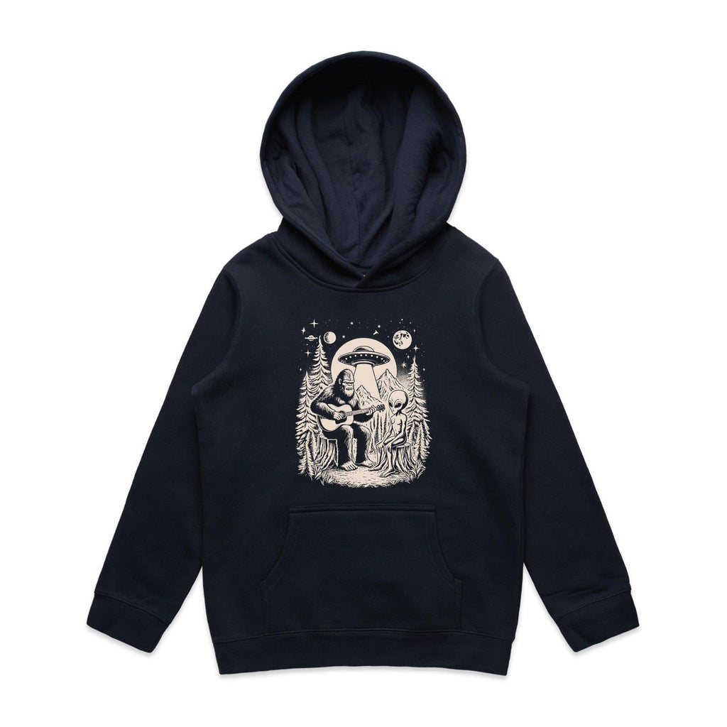 Alien And Bigfoot Playing Guitar - Kids Hoodie Navy Kids Hoodie Printed In Australia