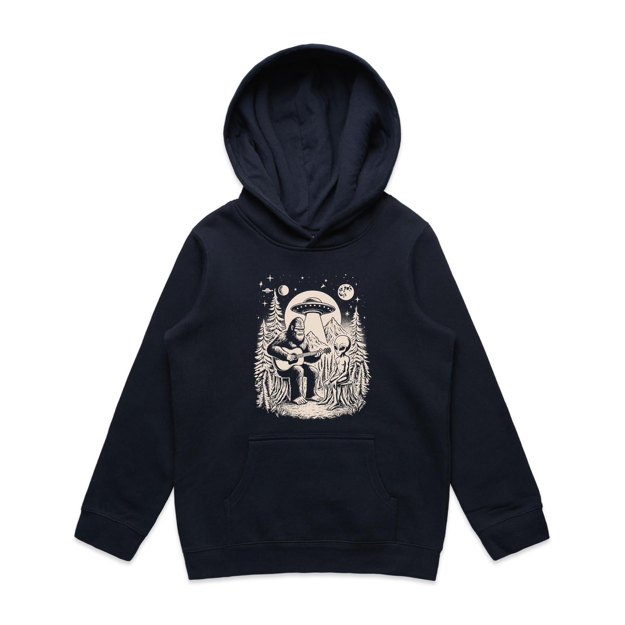 Alien And Bigfoot Playing Guitar - Kids Hoodie Navy Kids Hoodie Printed In Australia