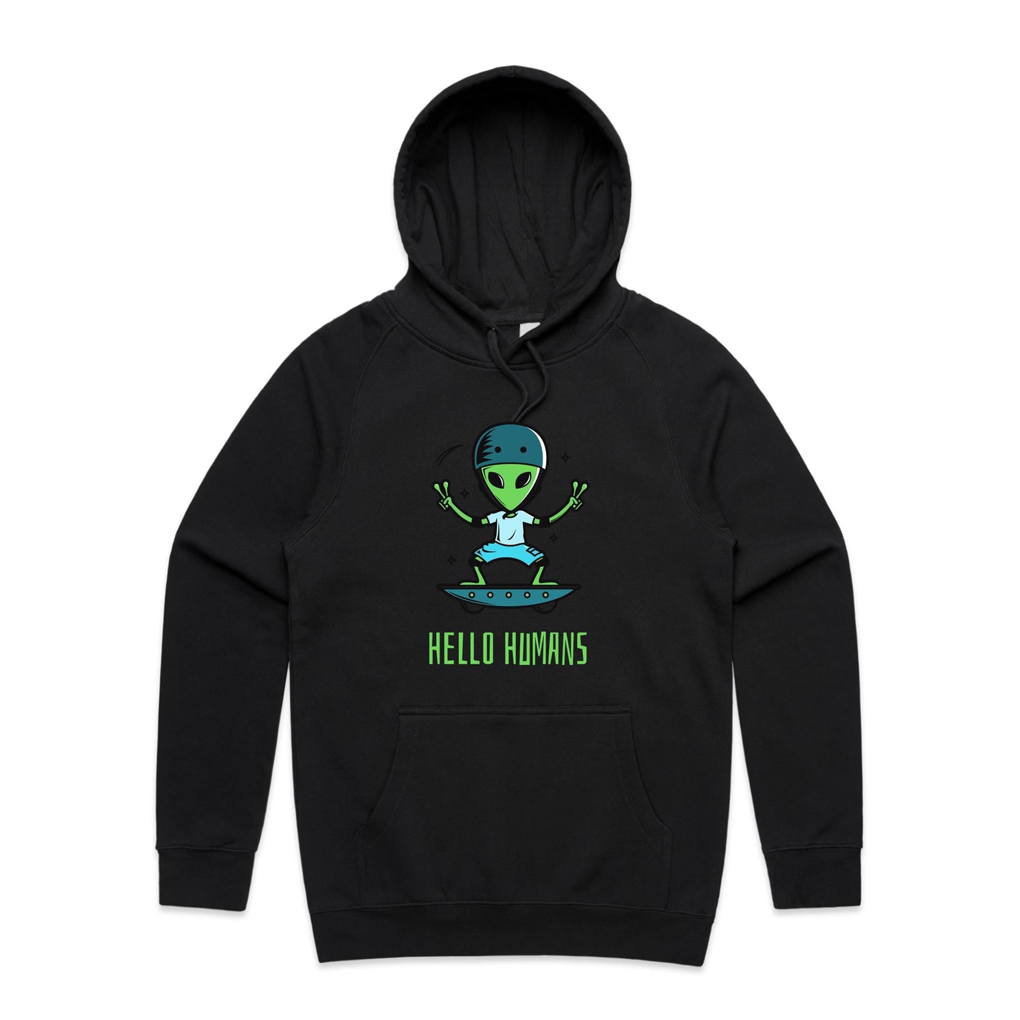 Hello Humans, Alien Skate - Mens Hoodie Black Mens Hoodie Printed In Australia Sci Fi